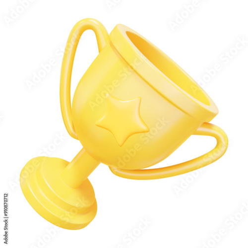 3d realistic yellow trophy cup with star. Stock vector illustration on isolated background.	