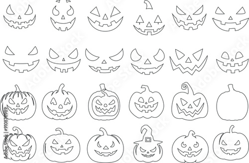 pumpkin line art for halloween  jack o lantern faces, pumpkin outlines, spooky expressions for coloring page, festive vector art, autumn decoration