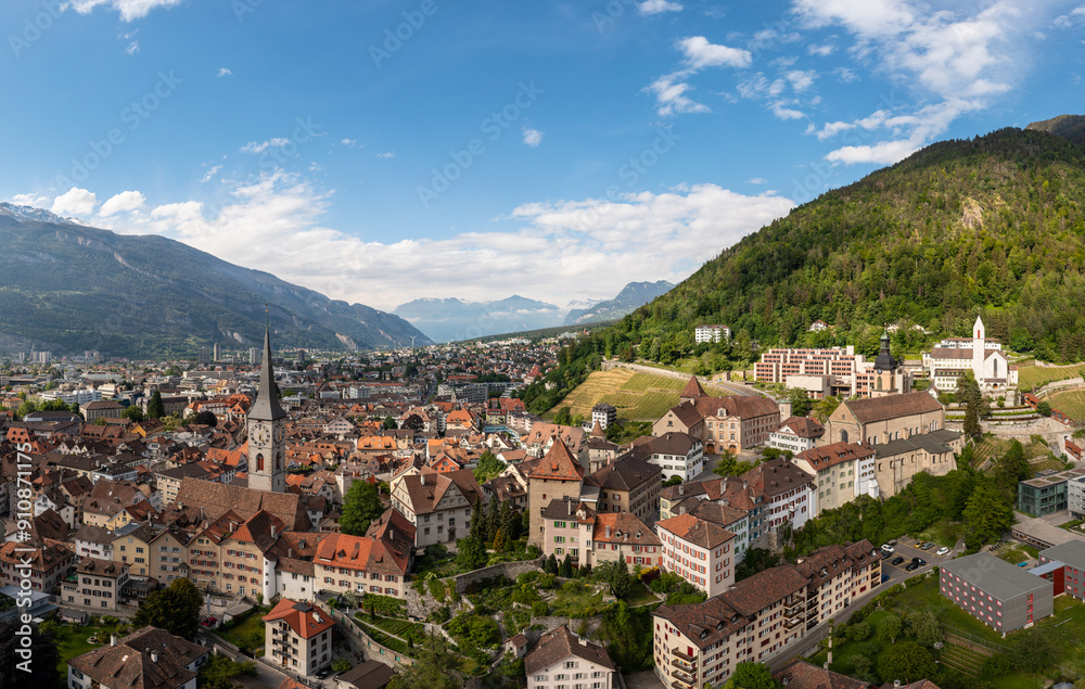 Chur, Switzerland: Aerial panorama of the Chur old town in Canton Graubunden in the alps in Switzerland. in summer