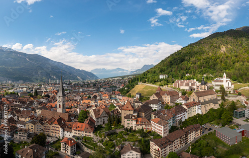 Obraz na płótnie Chur, Switzerland: Aerial panorama of the Chur old town in Canton Graubunden in the alps in Switzerland. in summer w salonie