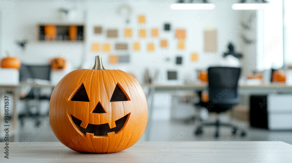 Festive Halloween office decor with a carved pumpkin featuring a jack-o-lantern face, adding seasonal cheer to the workplace. Festive Halloween office decor with a carved pumpkin featuring a jack-o-lantern face, adding seasonal cheer to the workplace.