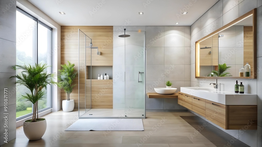 Serene Minimalist Bathroom with a Walk-in Shower and Large Mirror AI generated Serene Minimalist Bathroom with a Walk-in Shower and Large Mirror AI generated