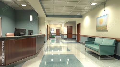 Spacious Hospital Lobby with Reception and Waiting Area, Real Photo Style, Modest Color Scheme, High Definition Details