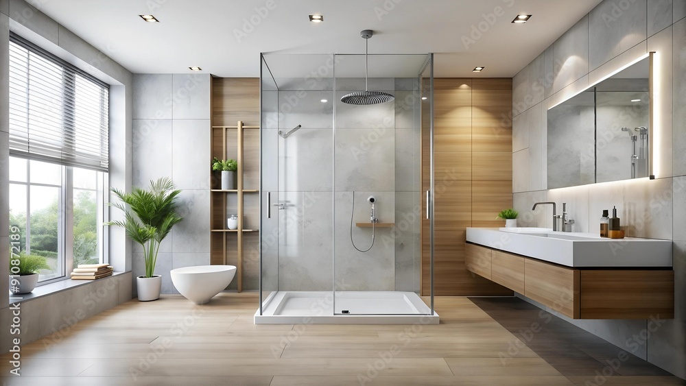 Serene Minimalist Sanctuary: A Modern Bathroom with a Walk-in Shower and Sleek, Minimalist Fixtures Generative AI Serene Minimalist Sanctuary: A Modern Bathroom with a Walk-in Shower and Sleek, Minimalist Fixtures Generative AI