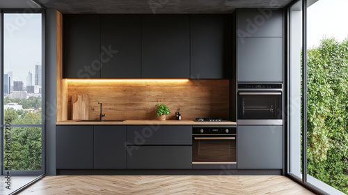 Compact kitchen features sleek wooden and black cabinets. The backsplash and countertop match the cabinet's wooden finish.