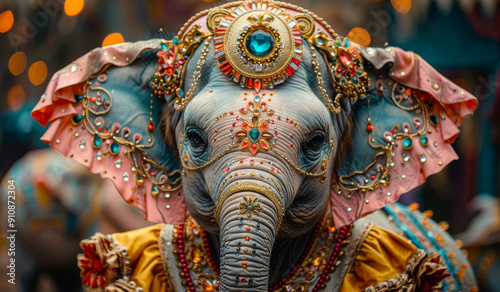 A baby elephant wearing a pink and yellow costume with a blue jeweled headdress