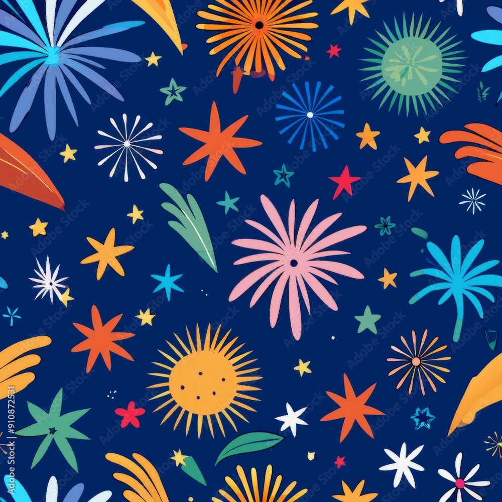 Seamless pattern of fireworks and stars, celebrating summer nights with a festive touch Seamless pattern of fireworks and stars, celebrating summer nights with a festive touch