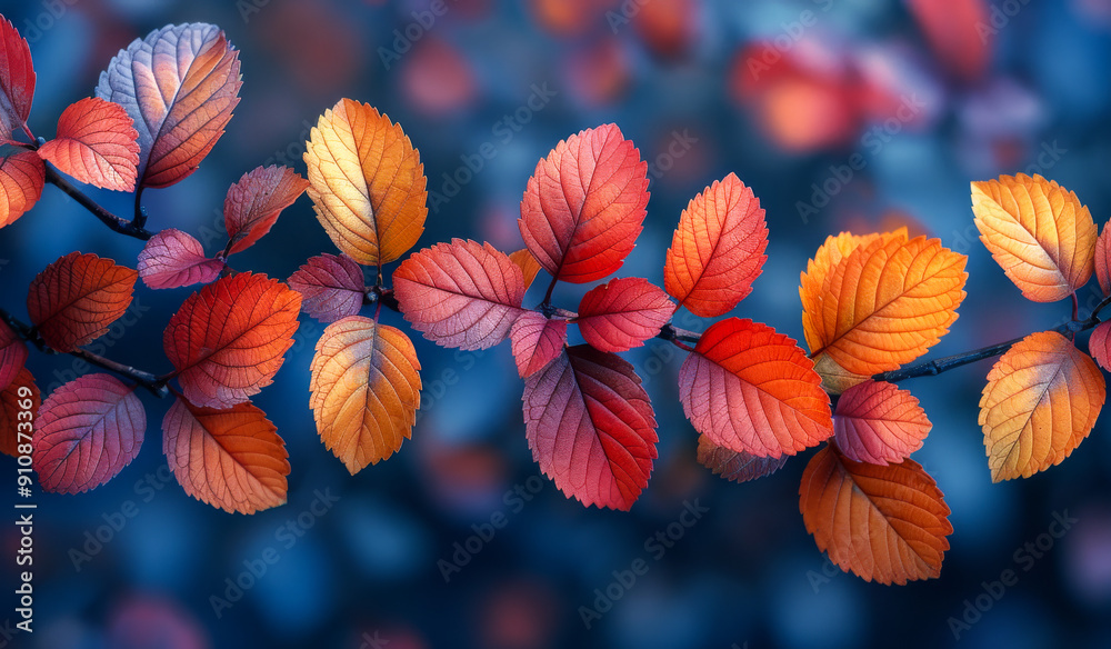 Fototapeta premium A branch with leaves that are orange and blue
