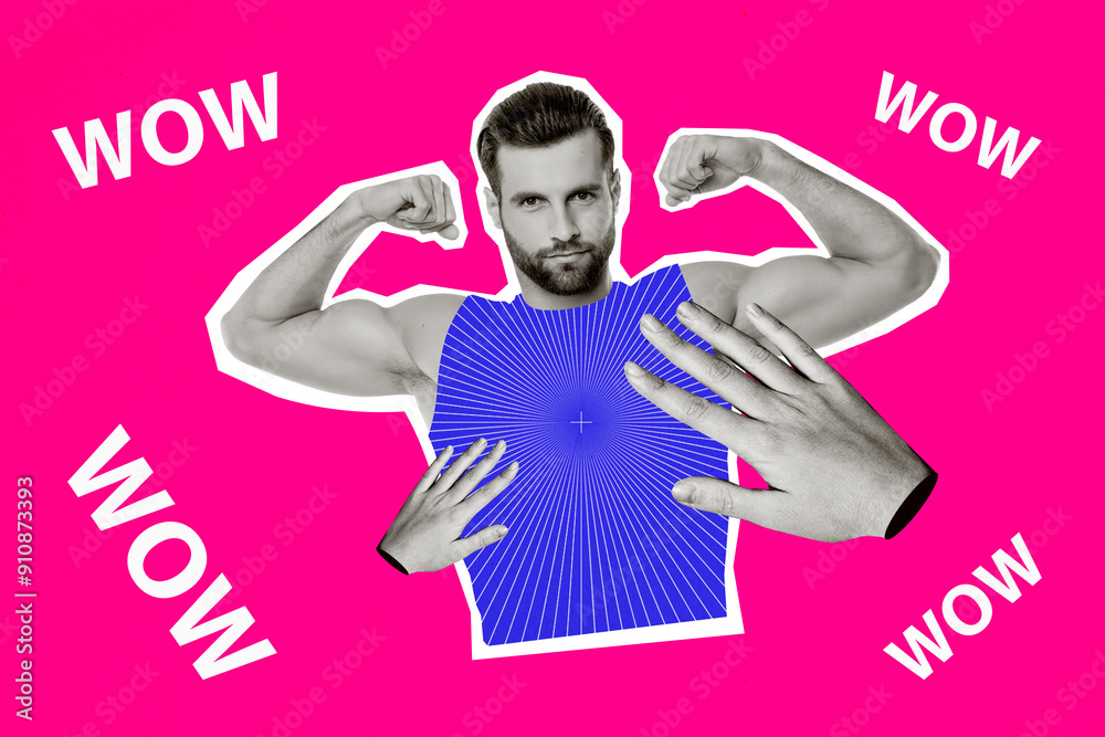 Composite collage image of handsome man hands touch biceps strong body sportsman wow billboard comics zine minimal Composite collage image of handsome man hands touch biceps strong body sportsman wow billboard comics zine minimal