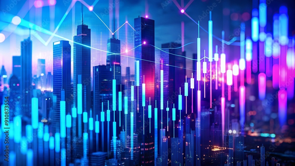 A Symphony of Fluctuations: Neon Blue and Purple Bars Dance Against a Blurred Metropolis Generative AI A Symphony of Fluctuations: Neon Blue and Purple Bars Dance Against a Blurred Metropolis Generative AI