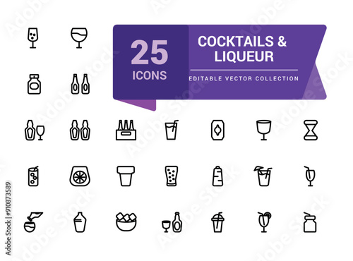 Cocktails and Liqueur icon set. Set of Bar and Nightclub outline mixology icons. Minimalist thin linear web ui icon set. Simple editable vector stroke illustration.
