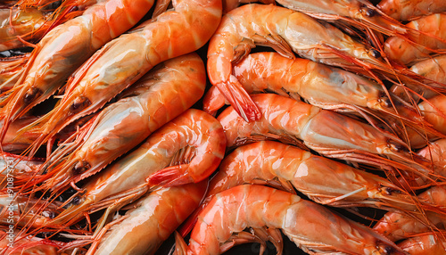 Freshly caught gambas lie next to each other in a symmetrical pattern as a background.