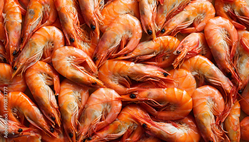 Freshly caught gambas lie next to each other in a symmetrical pattern as a background.