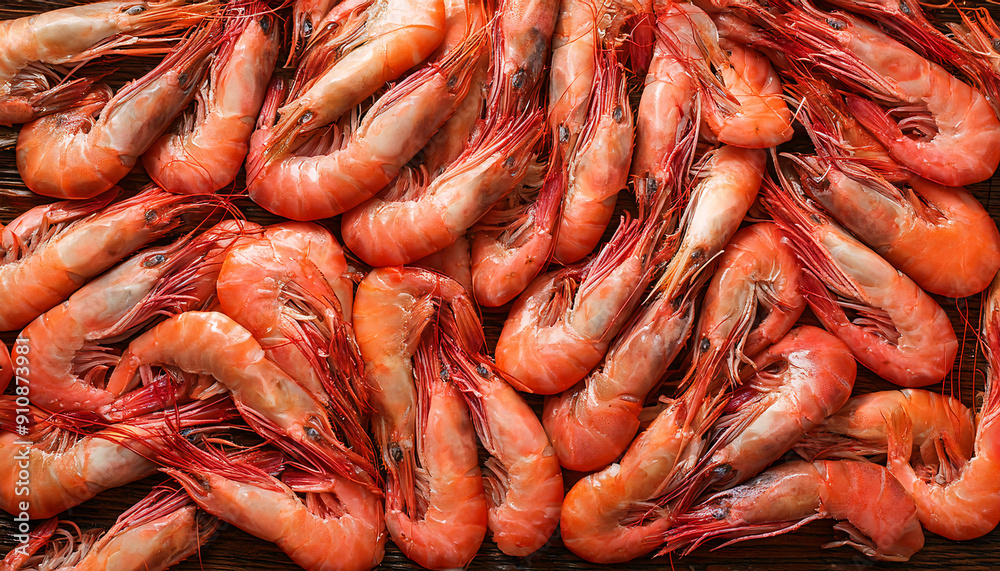 Freshly caught gambas lie next to each other in a symmetrical pattern as a background. Freshly caught gambas lie next to each other in a symmetrical pattern as a background.