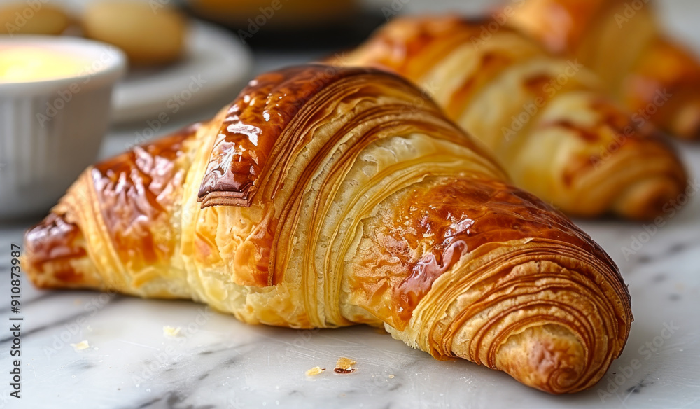 A croissant is sitting on a marble countertop. The croissant is golden brown and has a slightly crispy texture. A croissant is sitting on a marble countertop. The croissant is golden brown and has a slightly crispy texture.