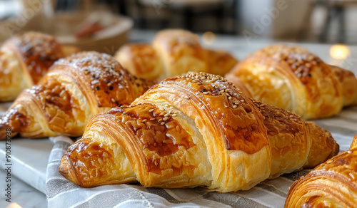 A row of croissants with a white cloth underneath them. The croissants are golden brown and look delicious