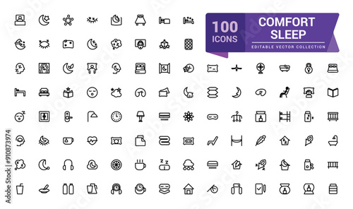 Comfort sleep icon set. Related to bed, pillow, sleepy, day dreaming, night and more icons. Minimalist thin linear web ui icon set. Simple editable vector stroke illustration.