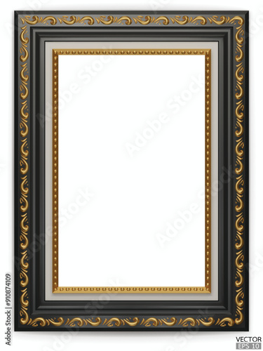 Realistic black wooden vintage frame on white background.  Rectangle frames mockup. Classic Photo wood frame. Black border for painting, poster, and photo gallery. 3d vector illustration.