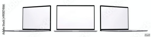 Set of 3d laptops from different angles isolated on white background. Realistic Laptop silver color mockup with blank screen display. 3D vector illustration.