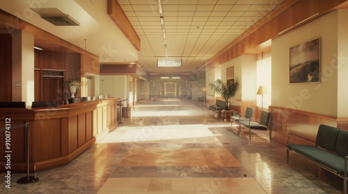 Spacious Hospital Lobby with Reception and Waiting Area, Real Photo Style, Modest Color Scheme, High Definition Details