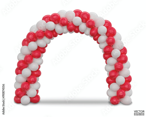 3D render balloon arch entrance. White and red Balloons in the Shape of Arc, Gate, or Portal isolate on a white background. 3d vector illustration.