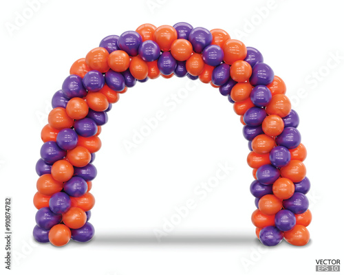 3D render balloon arch entrance. Purple and orange Balloons in the Shape of Arc, Gate, or Portal isolate on a white background for halloween card. 3d vector illustration.