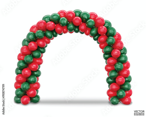 3D render balloon arch entrance. Red and green Balloons in the Shape of Arc, Gate, or Portal isolate on a white background for christmas card. 3d vector illustration.