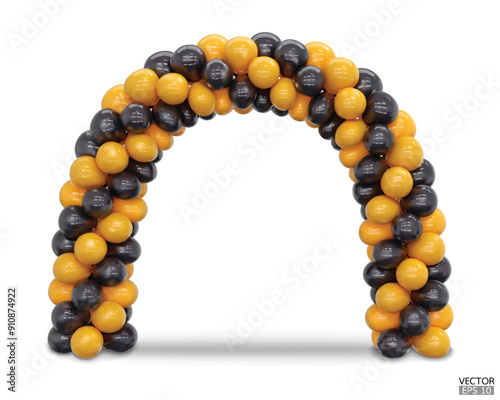 3D render balloon arch entrance. Black and yellow Balloons in the Shape of Arc, Gate, or Portal isolate on a white background for halloween card. 3d vector illustration.