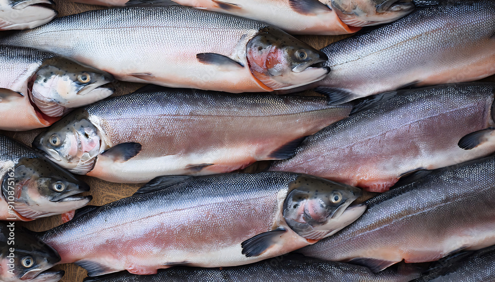 Freshly caught salmon lie next to each other in a symmetrical pattern as a background. Freshly caught salmon lie next to each other in a symmetrical pattern as a background.