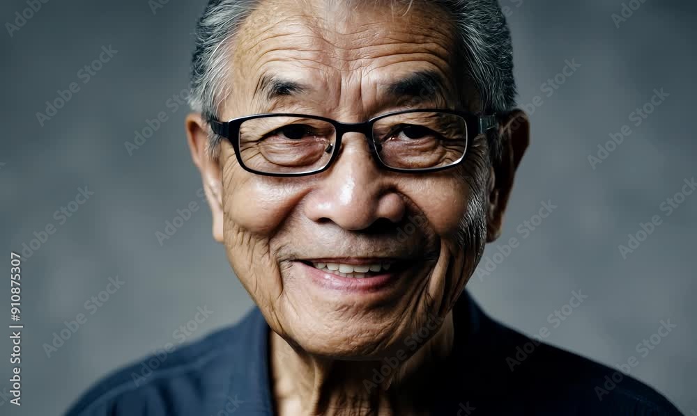 Portrait of Asian senior man in eyeglasses on grey background
