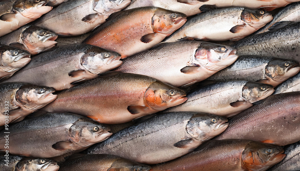 Freshly caught salmon lie next to each other in a symmetrical pattern as a background. Freshly caught salmon lie next to each other in a symmetrical pattern as a background.