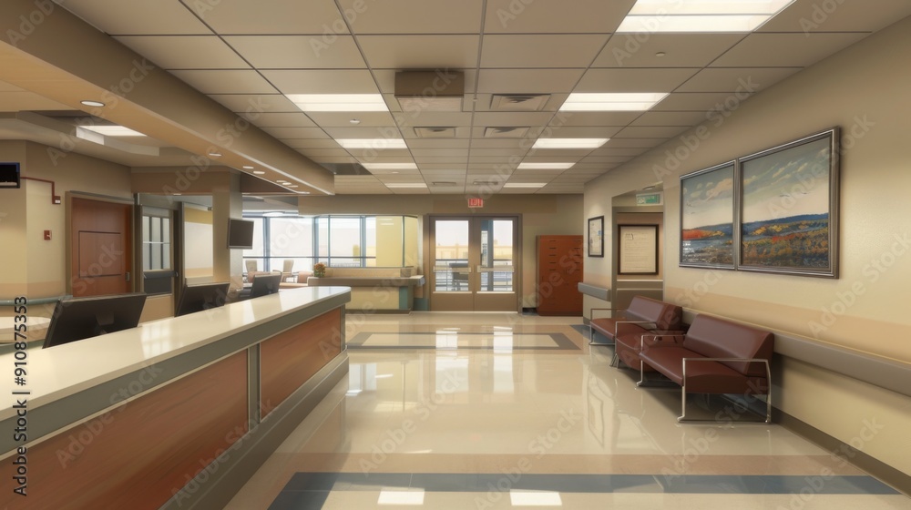 Spacious Hospital Lobby with Reception and Waiting Area, Real Photo Style, Modest Color Scheme, High Definition Details Spacious Hospital Lobby with Reception and Waiting Area, Real Photo Style, Modest Color Scheme, High Definition Details