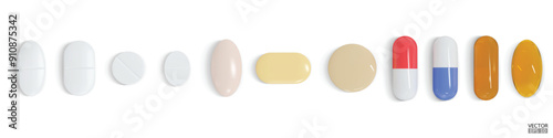 Set of 3d realistic pills isolated on white background. Medical Pill, Capsule, Tablet, medicine drug Collection. 3D vector illustration.