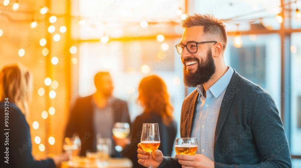 A man enjoying drinks at a vibrant social gathering, smiling and engaging in conversation with friends in a lively atmosphere. A man enjoying drinks at a vibrant social gathering, smiling and engaging in conversation with friends in a lively atmosphere.