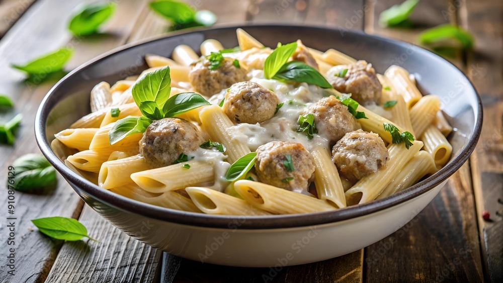 Aromatic Symphony of Italian Delights: Penne Pasta with Creamy Alfredo Sauce and Succulent Meatballs  AI Generated