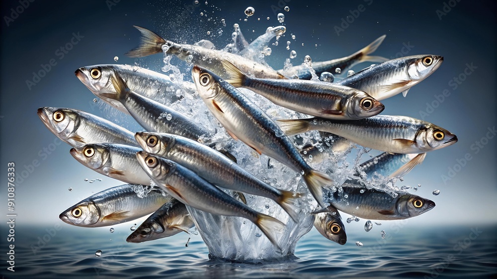 A Symphony of Silver: A Detailed Illustration of Hamsi Anchovies in a Splash of Water Generative AI A Symphony of Silver: A Detailed Illustration of Hamsi Anchovies in a Splash of Water Generative AI