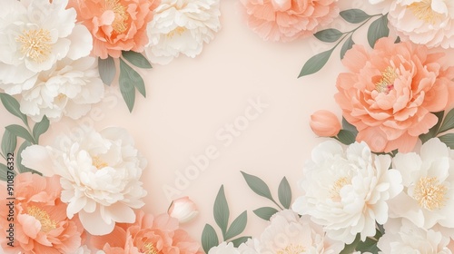 Elegant Floral Frame with White and Peach Peonies on Soft Pink Background, Perfect for Invitations, Greeting Cards, and Wedding Designs