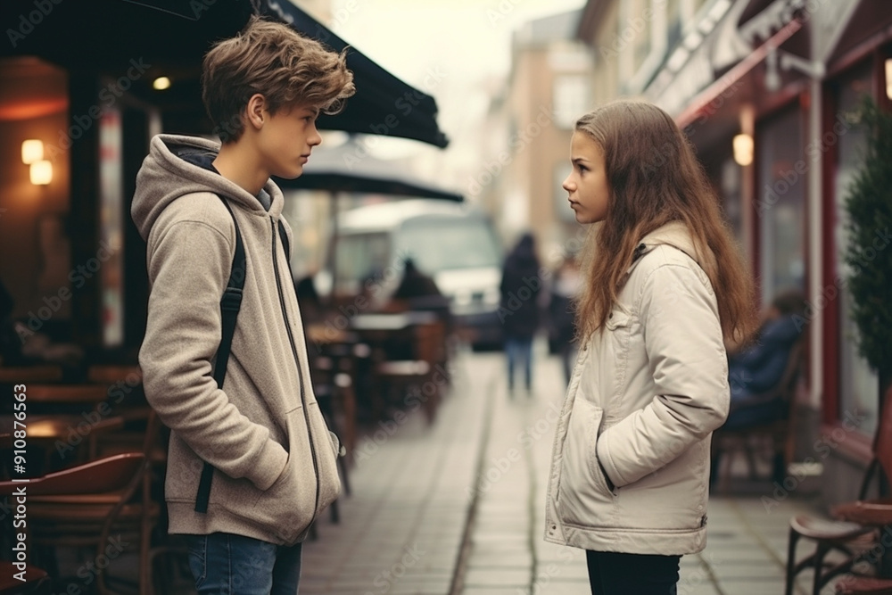 Two teenagers standing on the street at a distance from each other talking. Broken heart, first love and first breakup and quarrel concept Two teenagers standing on the street at a distance from each other talking. Broken heart, first love and first breakup and quarrel concept