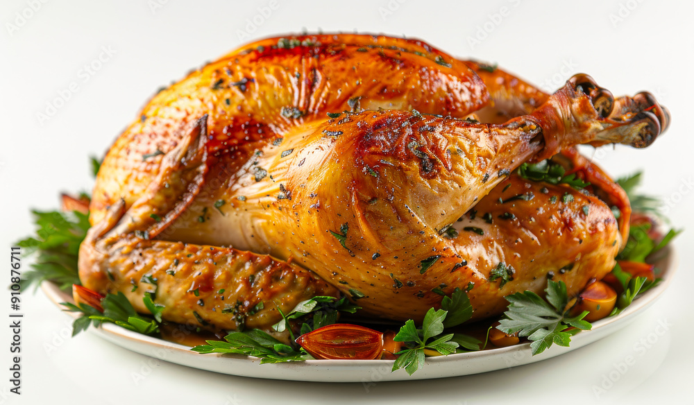 A large roasted turkey is sitting on a white plate with parsley and carrots A large roasted turkey is sitting on a white plate with parsley and carrots