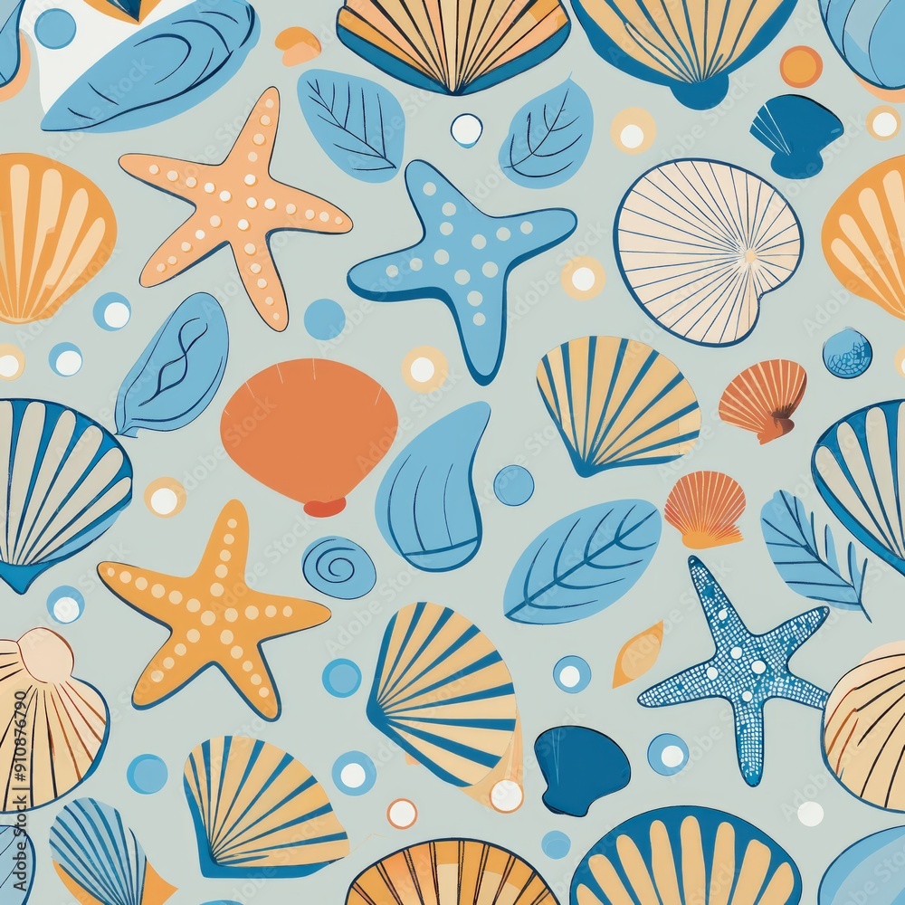 Seamless pattern of seashells and starfish, for a coastal-inspired design Seamless pattern of seashells and starfish, for a coastal-inspired design