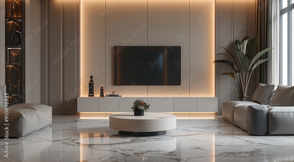 Naklejka premium TV wall cabinet scene display, simple and light luxury style. Generative AI.