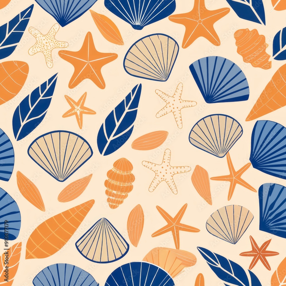 Seamless pattern of seashells and starfish, for a coastal-inspired design Seamless pattern of seashells and starfish, for a coastal-inspired design