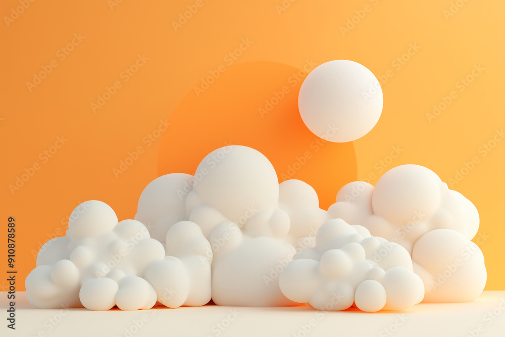 3d round white clouds spread out from below on orange isolated background. Demonstration display for product presentation. 3d round white clouds spread out from below on orange isolated background. Demonstration display for product presentation.