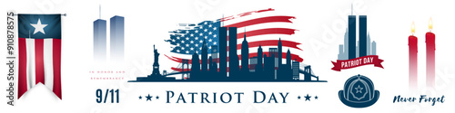 American flag, Twin Towers silhouette, Patriot Day remembrance design