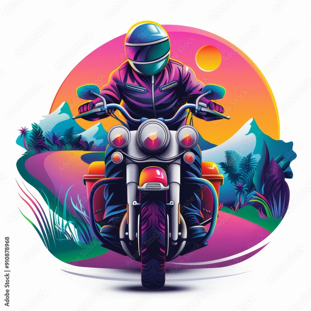 Fototapeta premium Vibrant vector illustration of a motorcyclist riding through a colorful landscape with mountains and a sunlit sky.