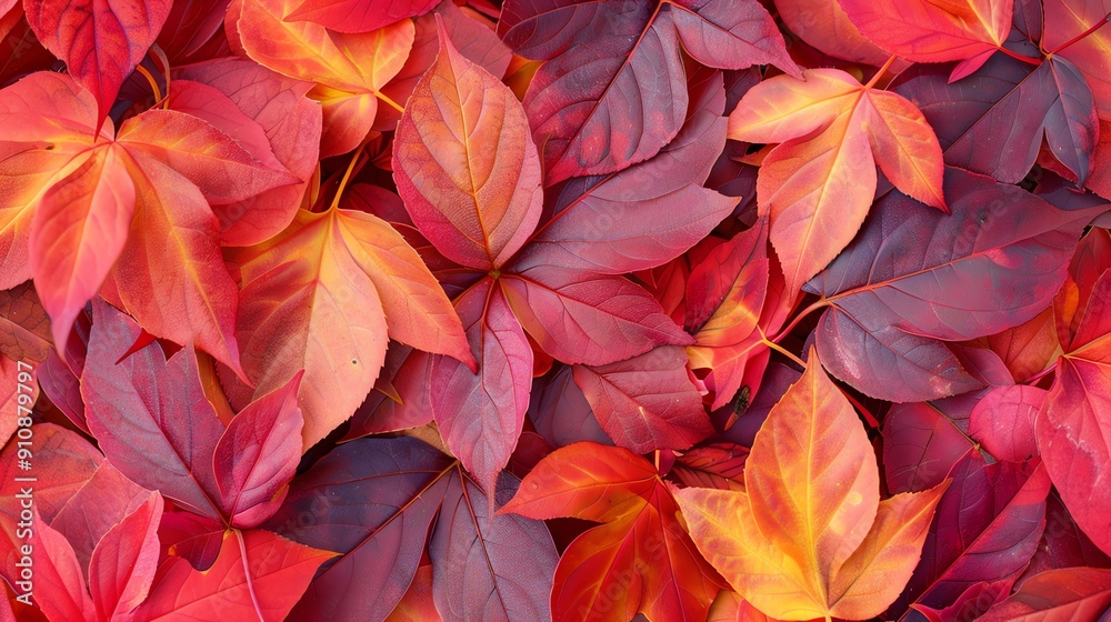 A close-up of red and orange leaves scattered on the ground. A close-up of red and orange leaves scattered on the ground.