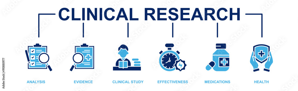 Clinical research banner web icon set vector illustration concept with icon of analysis, evidence, clinical study, effectiveness, medications and health icons symbol live stroke, pixel perfect.