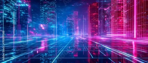 Luminous Futuristic Cityscape with Neon Grids and Aesthetic Vibrant digital artwork featuring a colorful high contrast urban landscape with pulsing neon grids retro synthwave vibes and a surreal