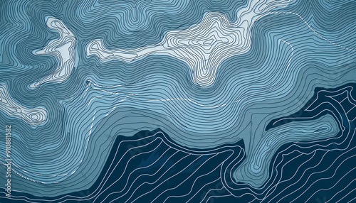 Stylized nautical chart with curvy isolines. Ocean bottom topographic line map.