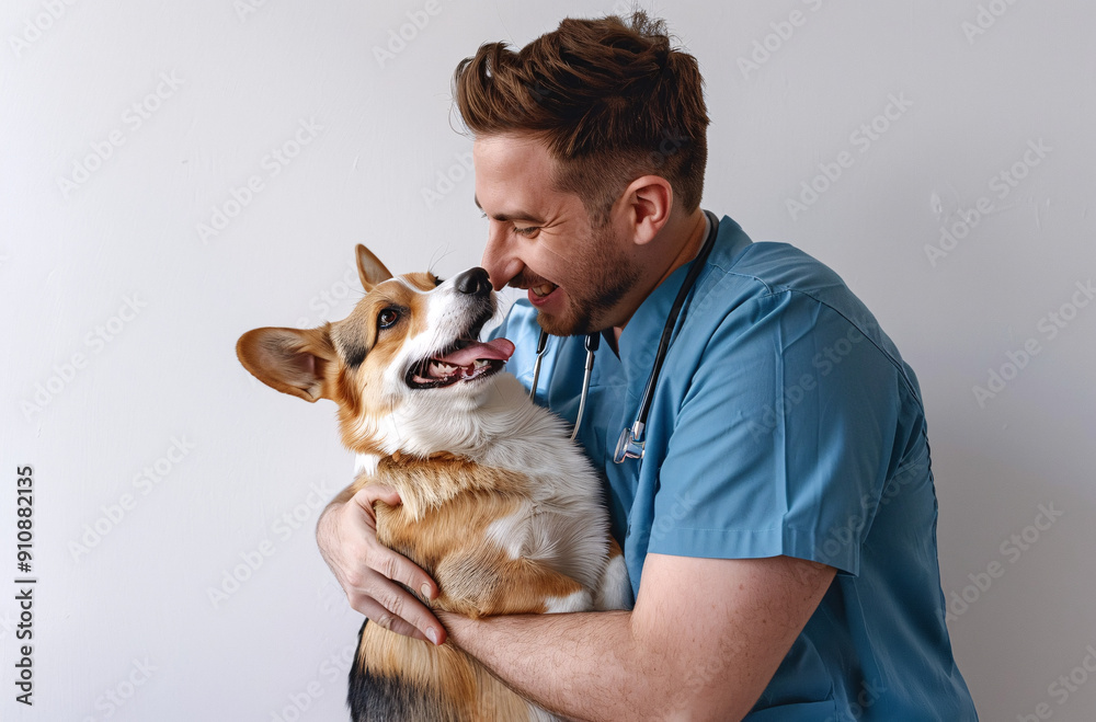 Smiling Veterinarian in Blue Scrubs Interacting with Dog Breed, Displaying Professional Care and Affection in a Clinic Setting Smiling Veterinarian in Blue Scrubs Interacting with Dog Breed, Displaying Professional Care and Affection in a Clinic Setting